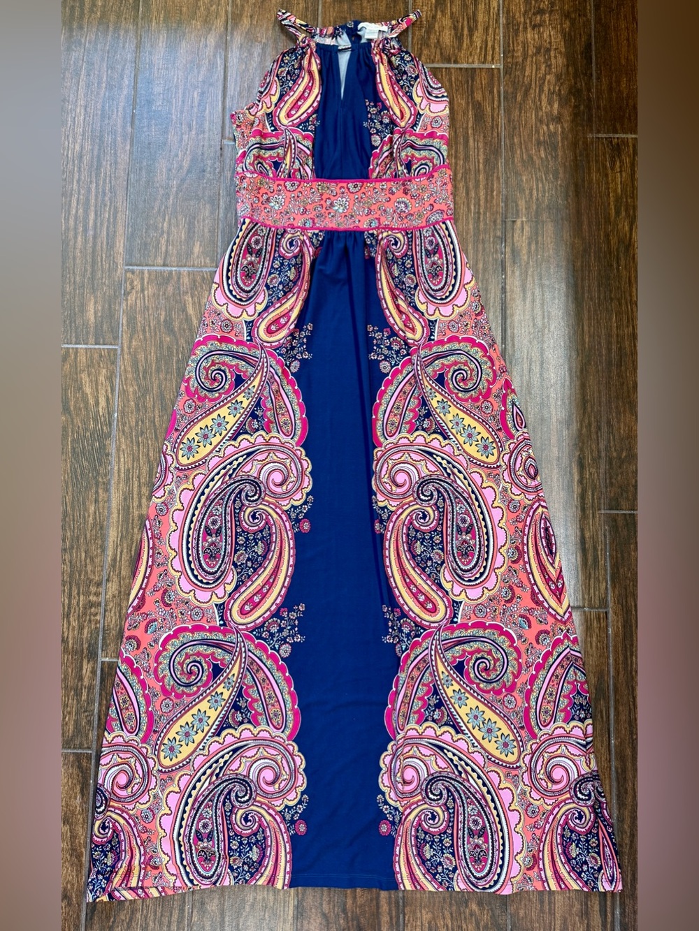 NWOT London Times Paisley Halter Maxi Dress Size 8 Flowy Stretch Empire Waist